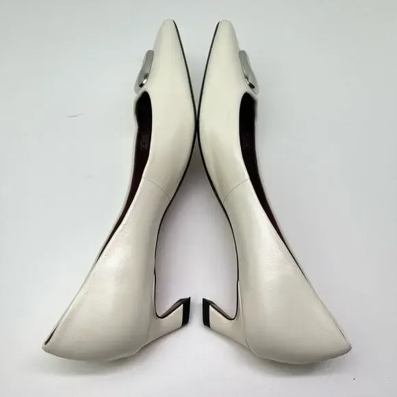 Zara Women's Metal Detail White Leather Kitten Heel Pointed Toe Shoes - Picture 7 of 11